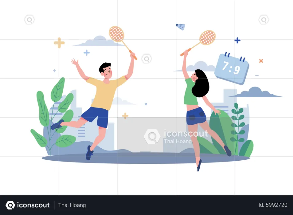 Pareja jugando bádminton  Ilustración