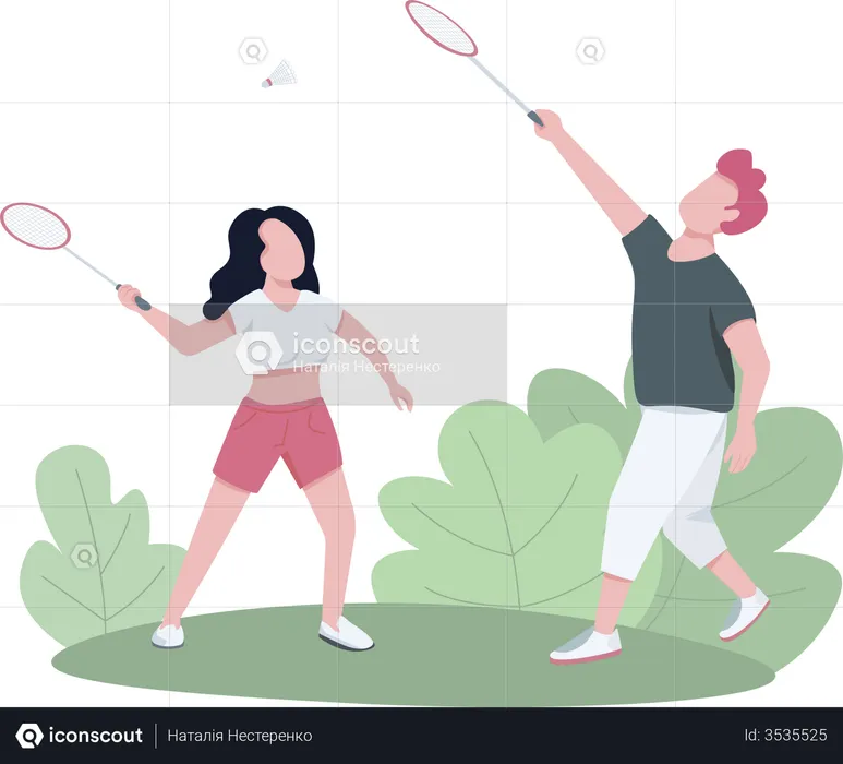 Pareja jugando bádminton al aire libre  Ilustración