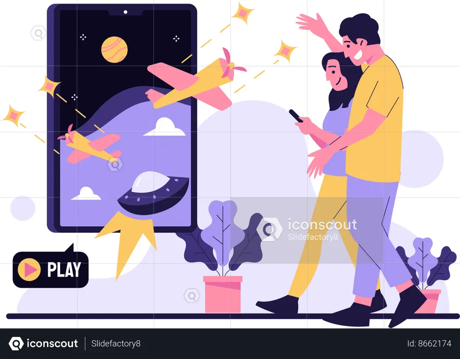 Pareja jugando juntos por teléfono  Ilustración