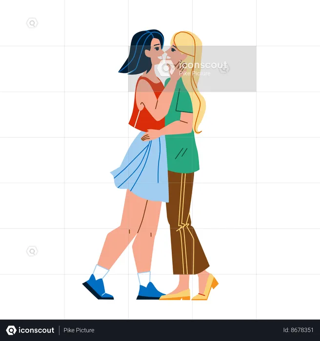 Pareja de lesbianas besándose y abrazándose juntas  Ilustración