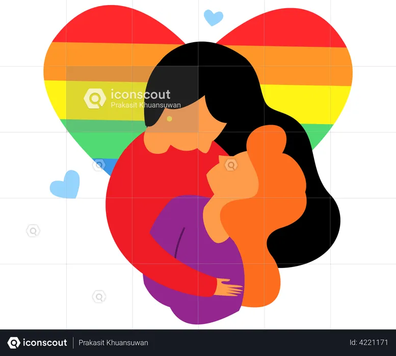 Pareja de lesbianas con corazón arcoiris  Ilustración