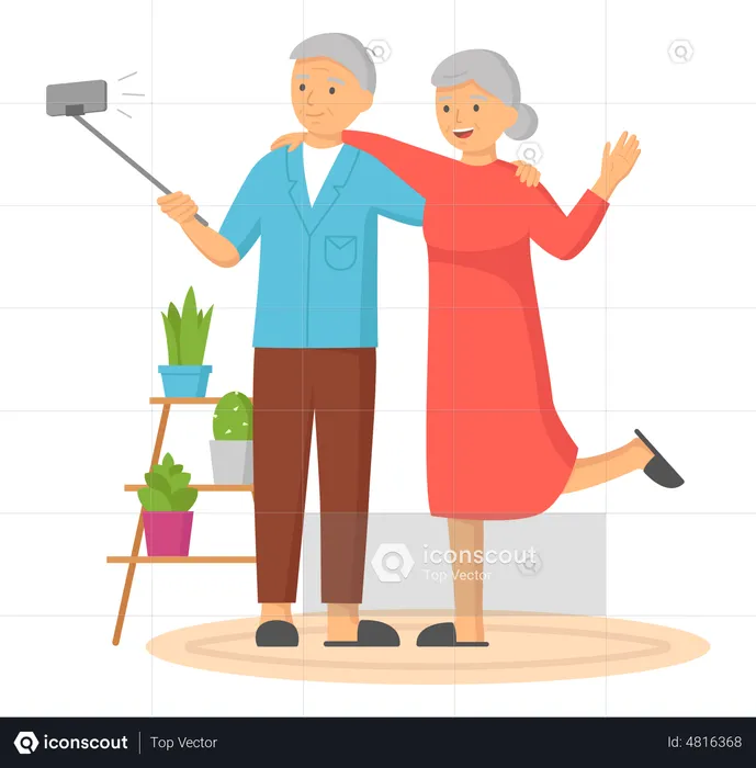 Pareja de ancianos haciendo clic en selfie  Ilustración