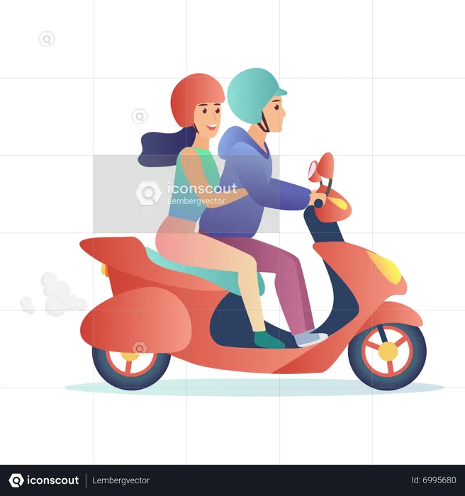 Pareja montando scooter  Ilustración