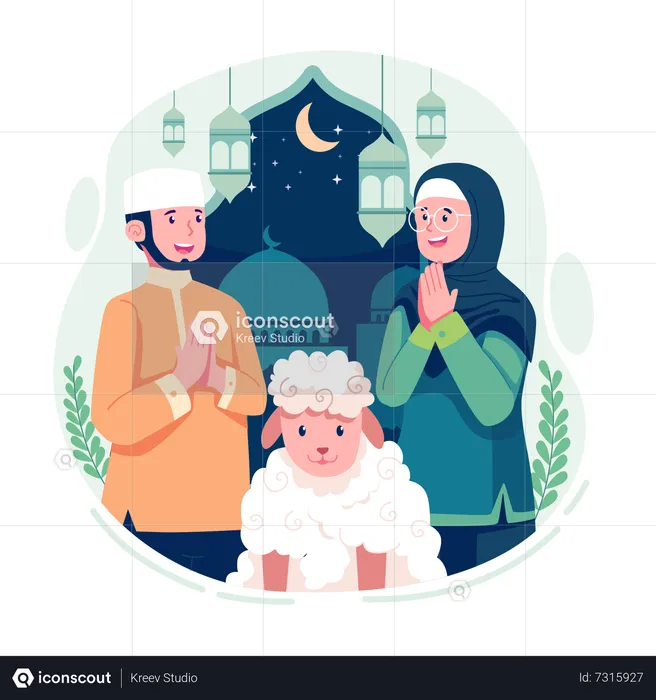 Una pareja musulmana celebra eid al adha  Ilustración