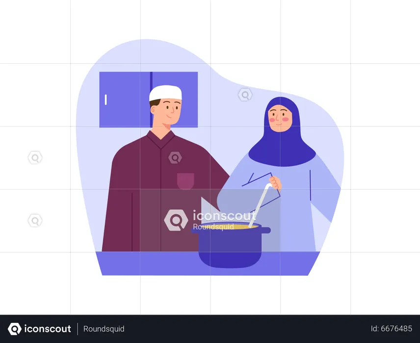 Pareja musulmana cocinando comida en la cocina  Ilustración