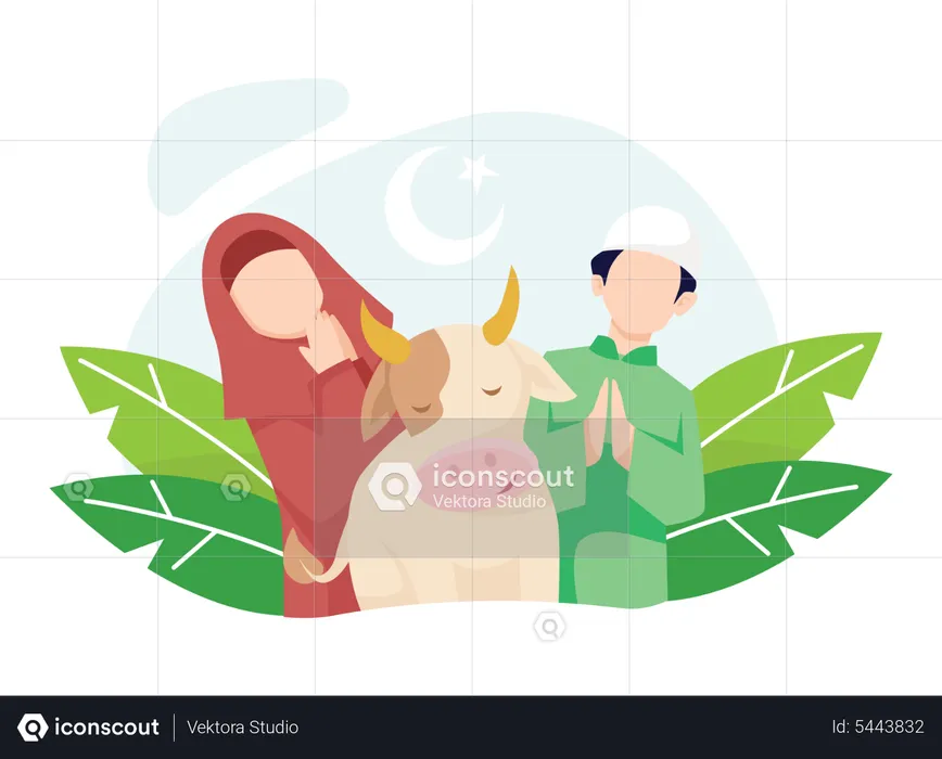 Pareja musulmana con sus animales celebrando Eid al-Adha  Ilustración