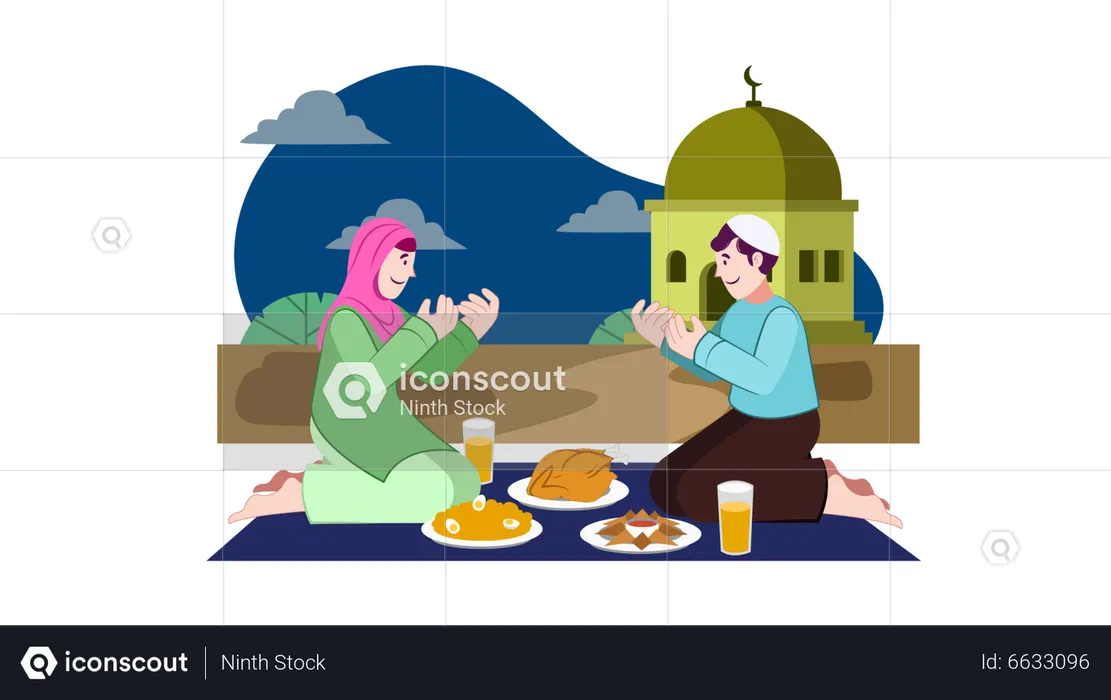 Pareja musulmana rezando antes de tener iftar  Ilustración