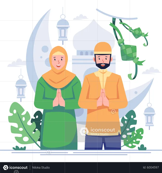 Saludo de pareja musulmana para Eid  Ilustración