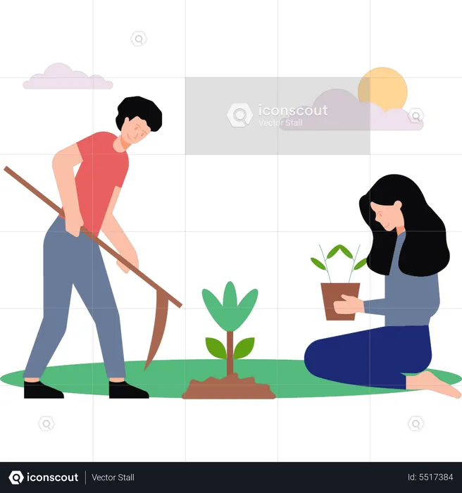 Pareja plantando arbol  Ilustración