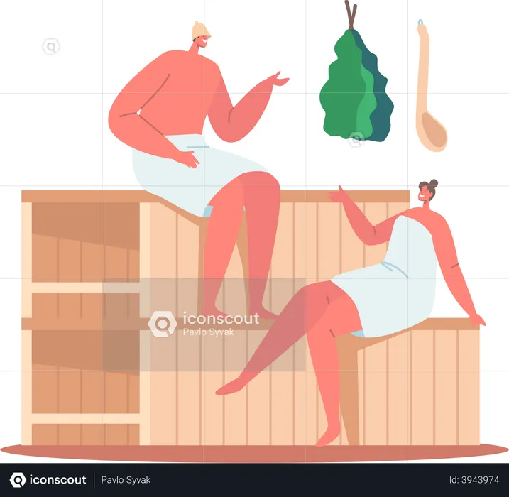 Pareja sentada dentro de la sauna y hablando  Ilustración