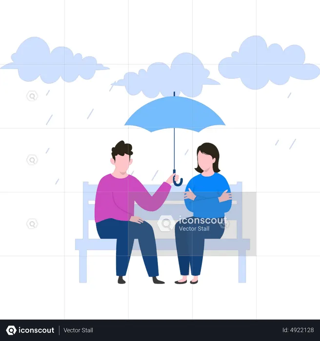 Pareja sentada en un banco con paraguas bajo la lluvia  Ilustración