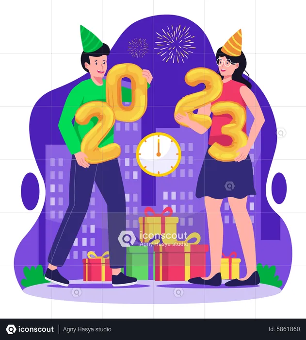 Pareja sosteniendo números 2023 celebrando el año nuevo  Ilustración