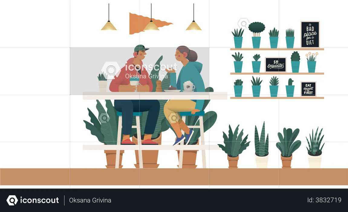 Pareja bebiendo café en la cafetería  Ilustración