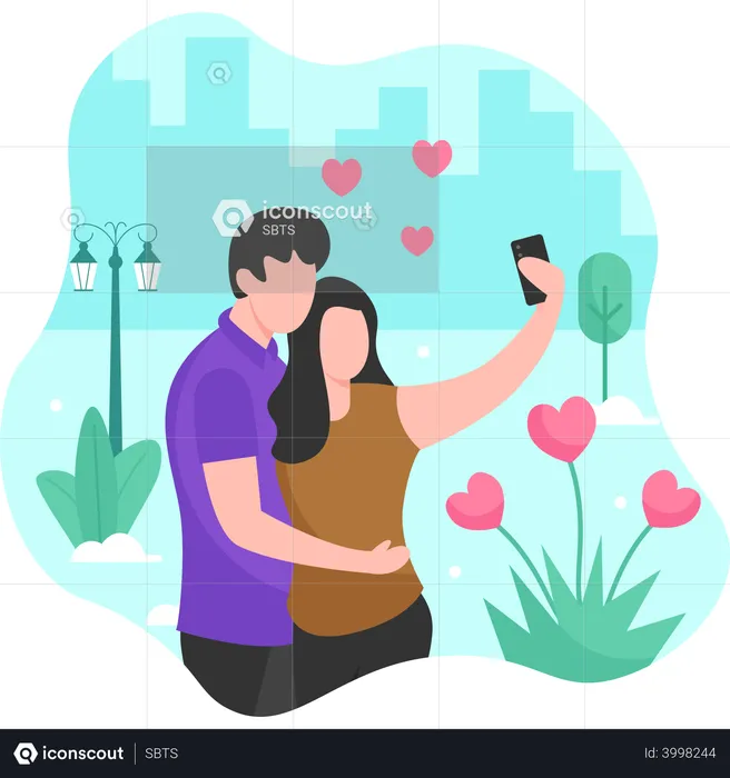 Pareja tomando selfie en el parque  Ilustración