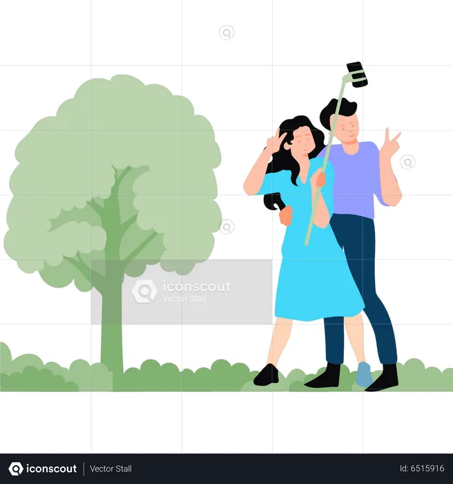 Pareja tomando selfie en el parque  Ilustración