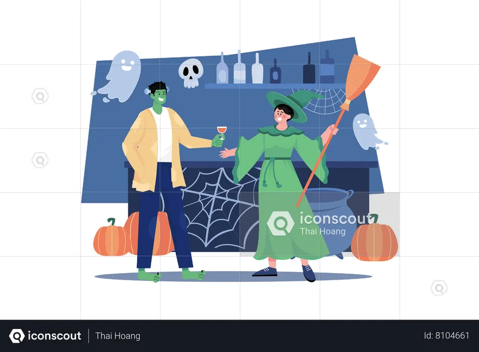 Pareja tomando una bebida de halloween  Ilustración