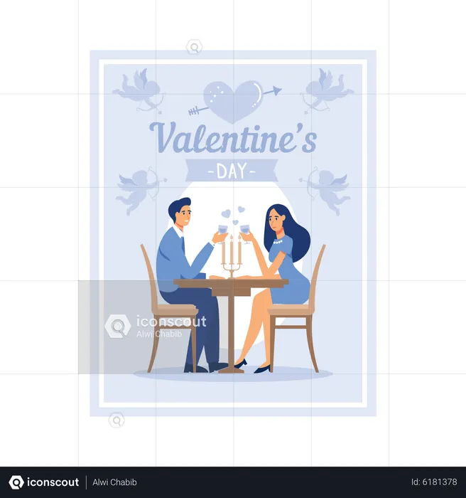 Pareja tomando la cena del día de San Valentín feliz  Ilustración