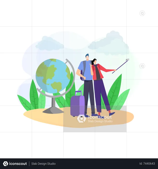 Pareja viajando a diferentes países  Ilustración