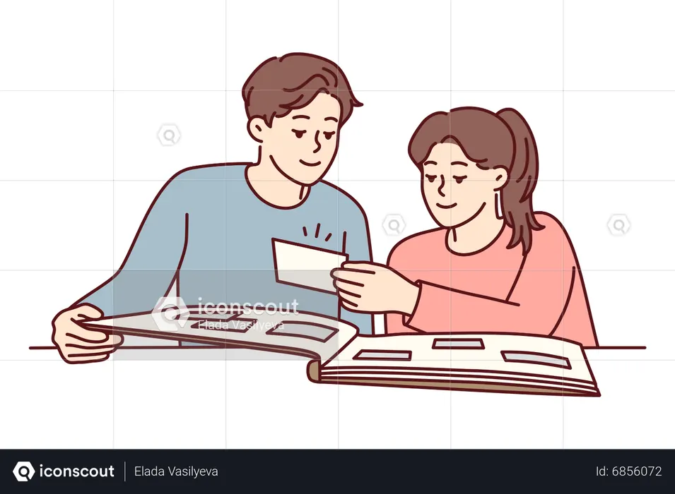 Pareja viendo álbum de fotos  Ilustración