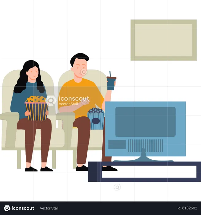 Pareja viendo televisión y palomitas de maíz  Ilustración