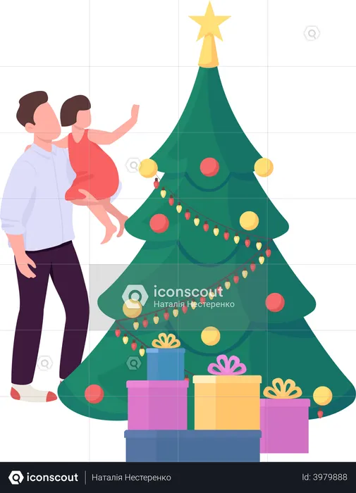 Parent and Kid Decorate Christmas Tree  Illustration