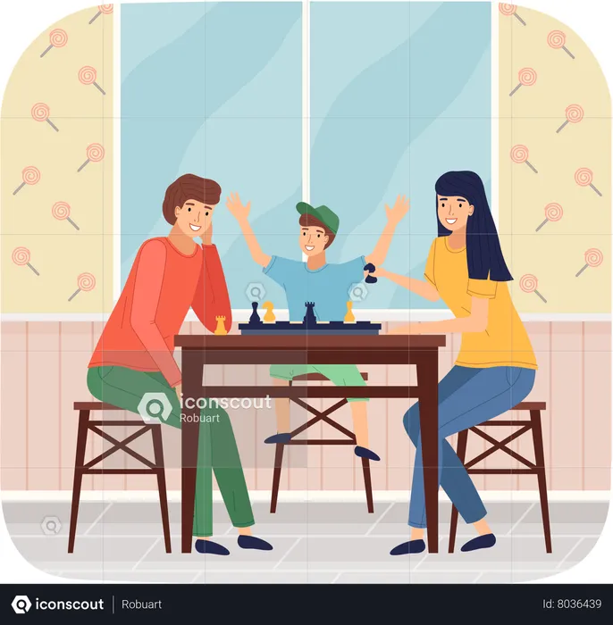 Parent and kid playing chess game at home  Illustration