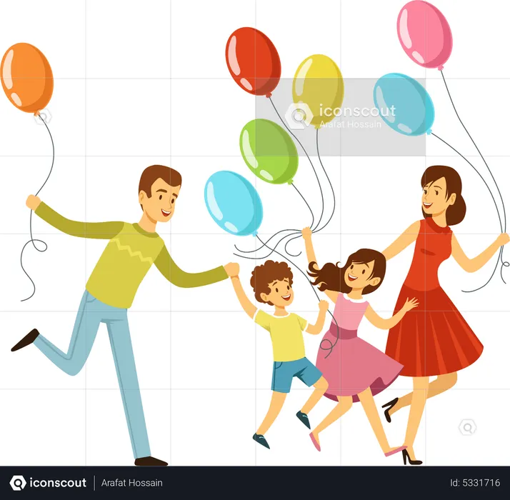 Parent and kids with holding balloon  Illustration