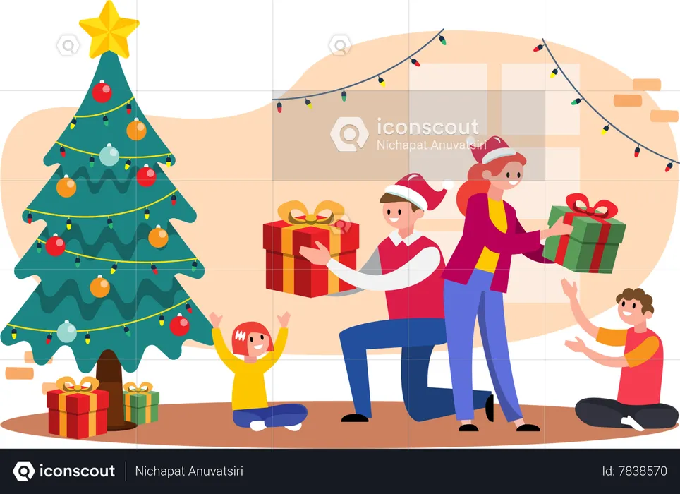 Parent giving Christmas gifts to kids  Illustration