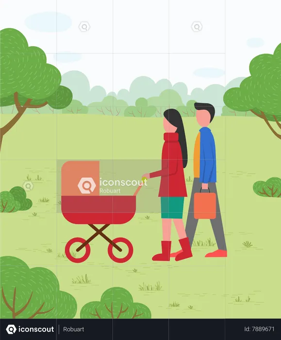 Parent with Pram walking in park  Illustration