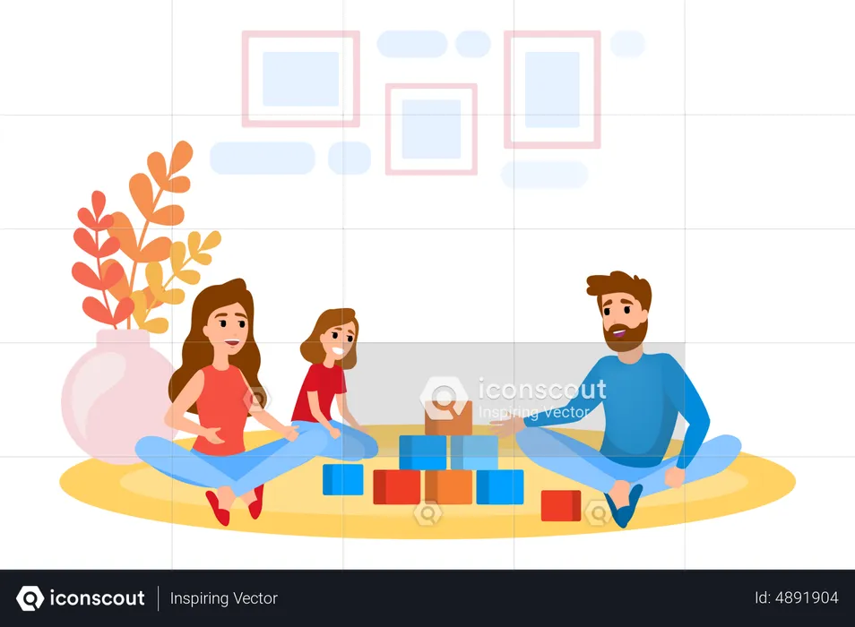 Parents and child playing block game together  Illustration