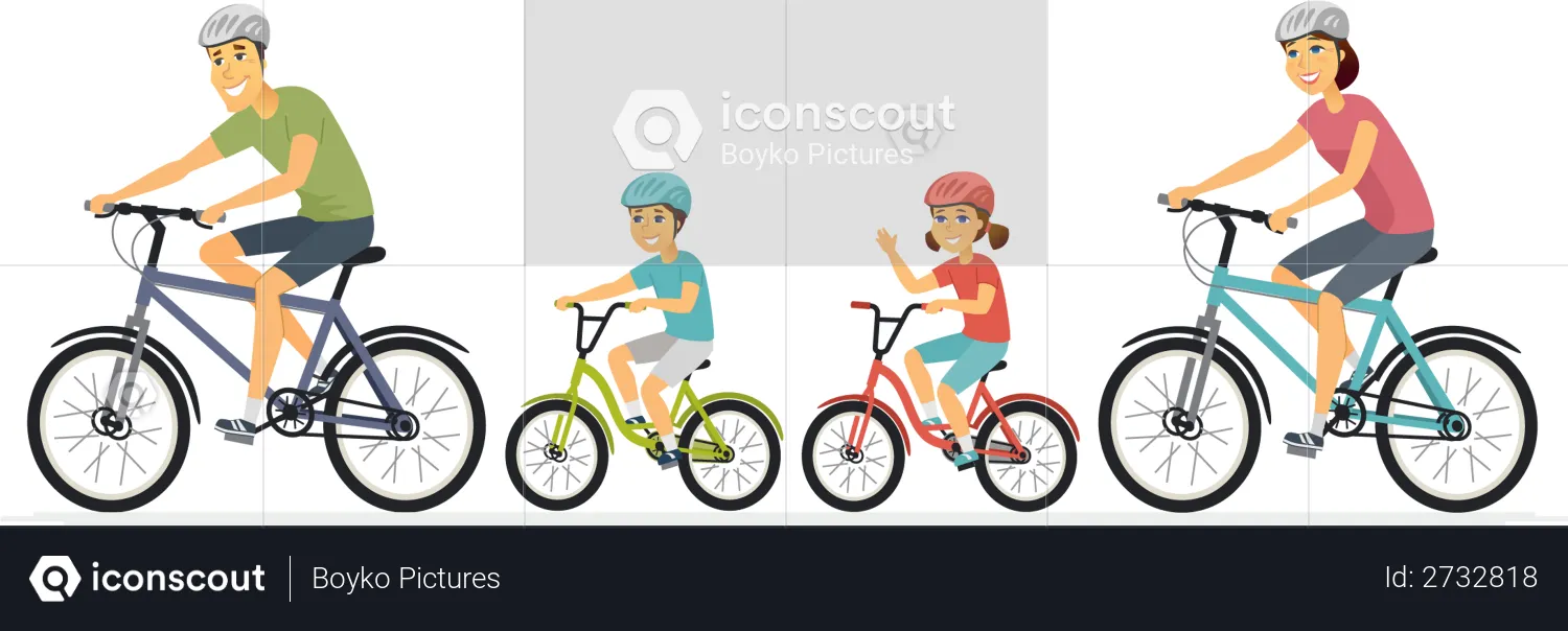 Parents and children cycling  Illustration