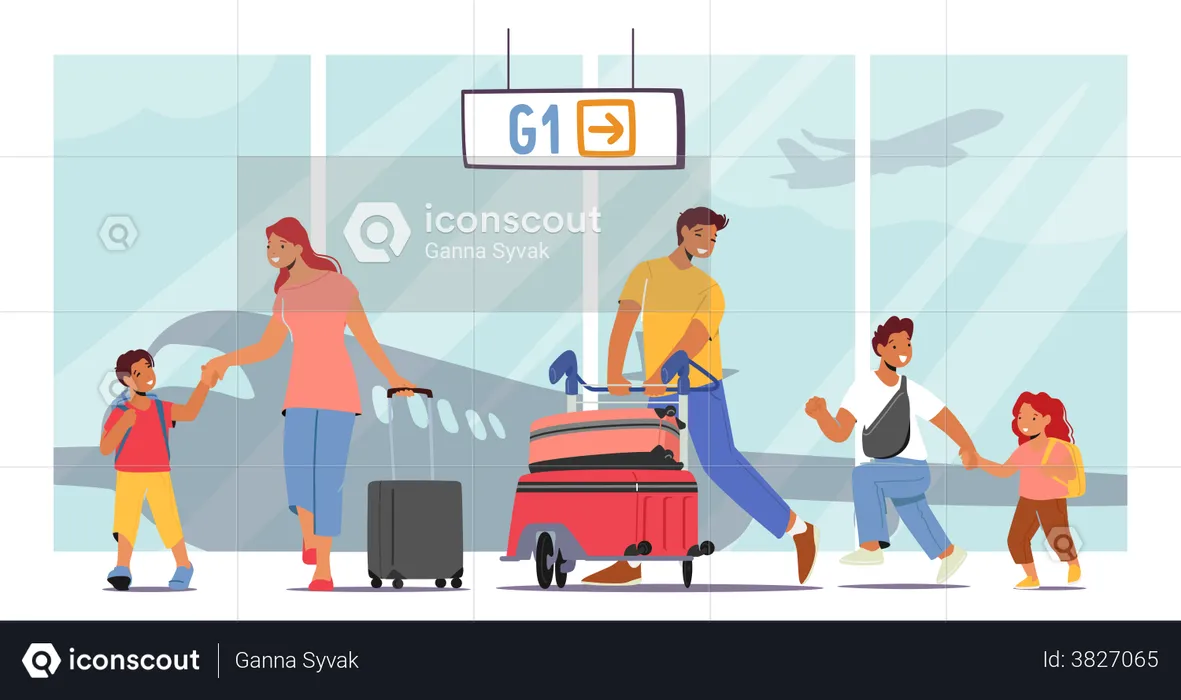 Parents And Children In Airport Terminal  Illustration