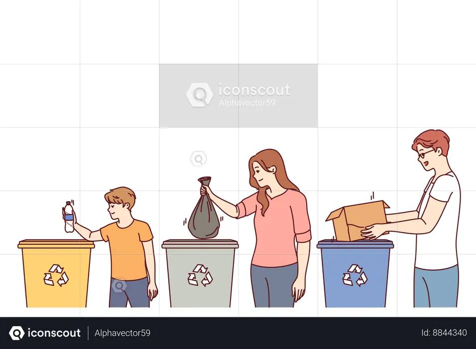 Parents and children participating in separating waste collection  Illustration
