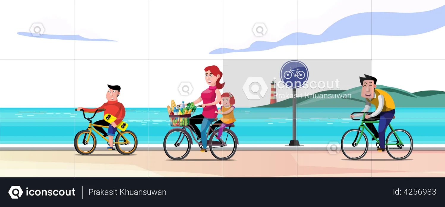 Parents and children Riding Cycle on Beach  Illustration