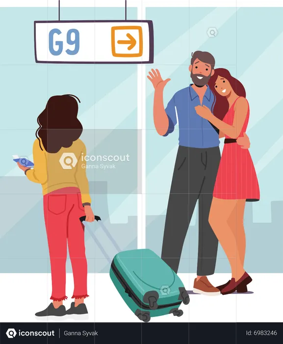 Parents And Daughter Meet in Airport  Illustration