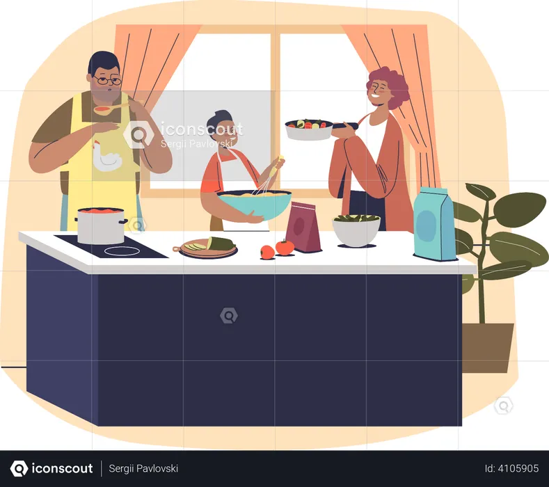 Parents and kid together in kitchen making food  Illustration