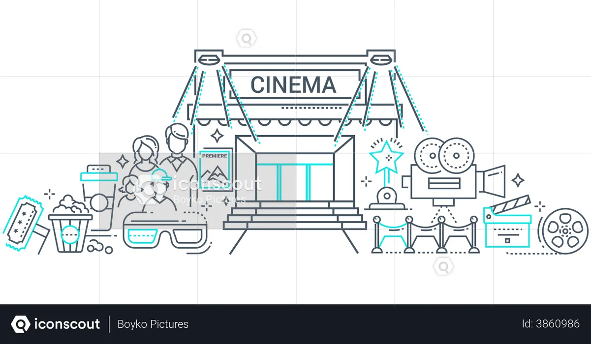 Parents and kids watching movies in theater  Illustration