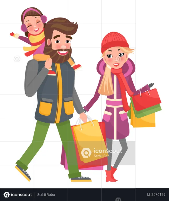Parents and Little Girl Doing Shopping on Christmas  Illustration