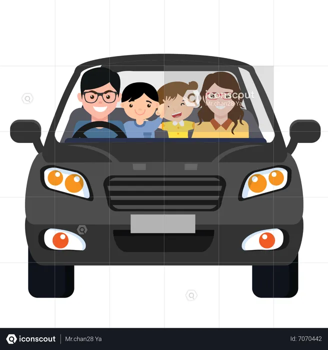 Parents de deux enfants joyeux, garçon et fille, assis dans une voiture grise  Illustration