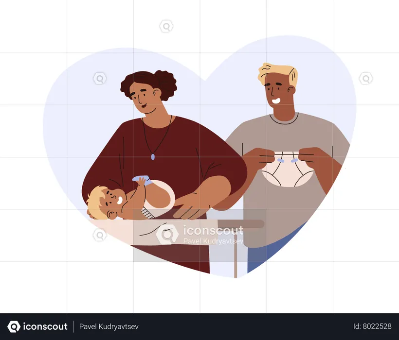 Parents changing baby diaper  Illustration
