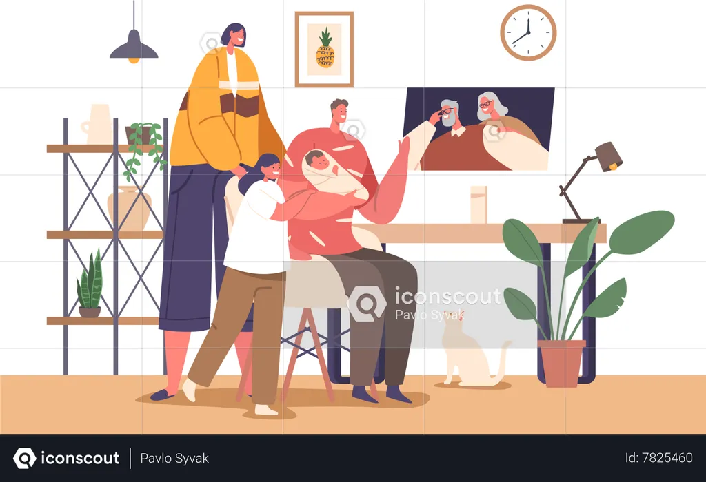 Parents connect with grandparent via video conference  Illustration