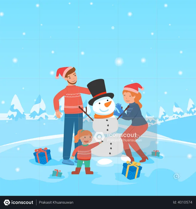 Parents decorating snowman  Illustration