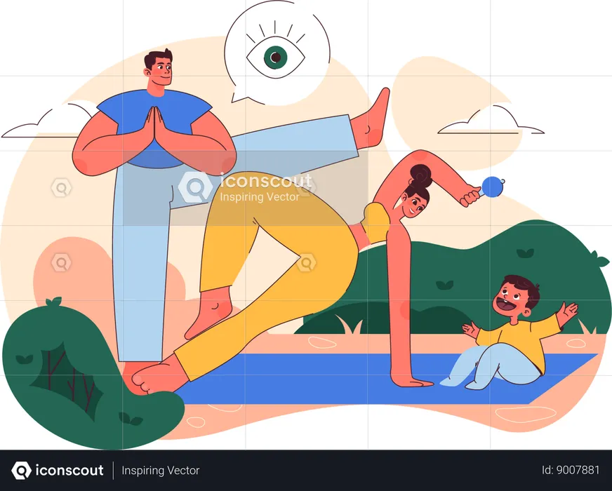 Parents doing yoga in park  Illustration