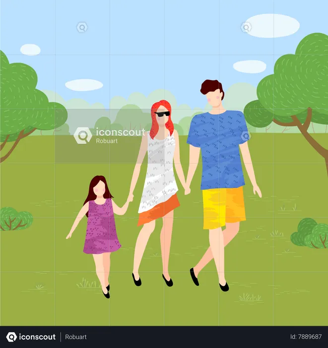 Les parents et la petite fille marchent dans le parc et se tiennent la main  Illustration