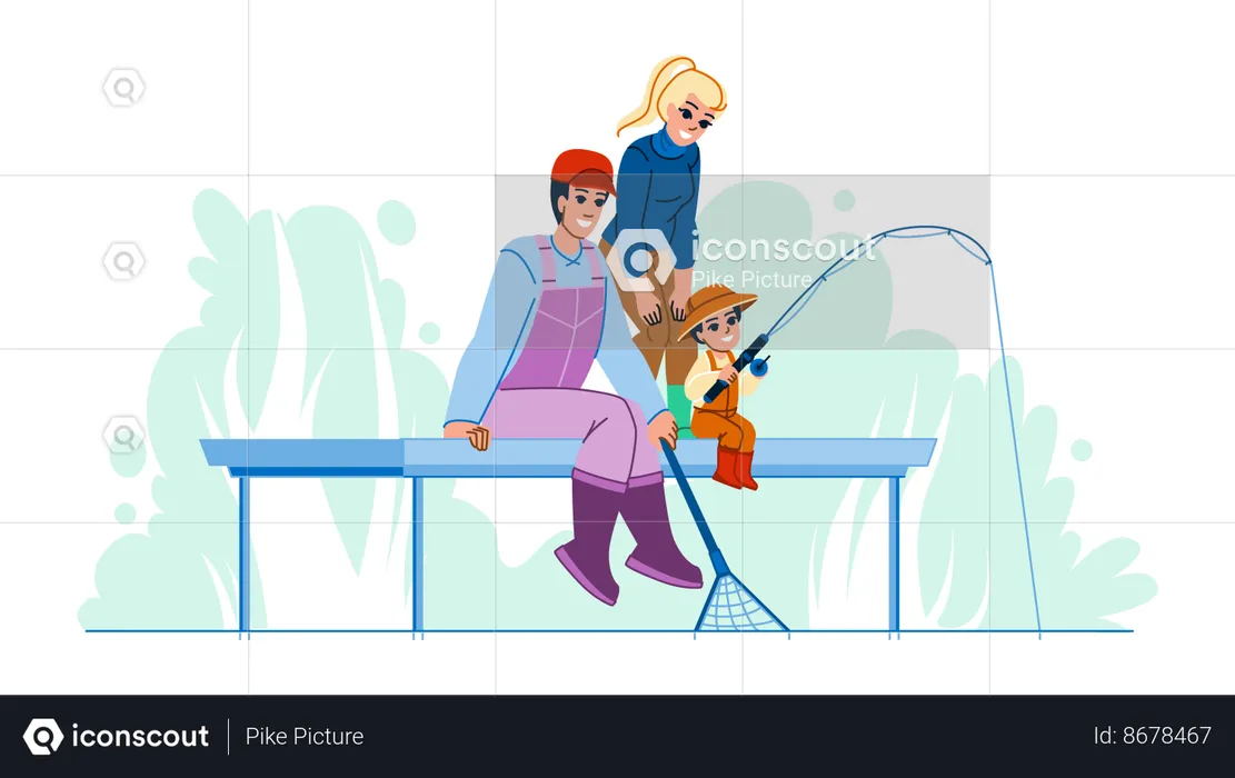 Premium Vector  Fisherman character with children son sitting in