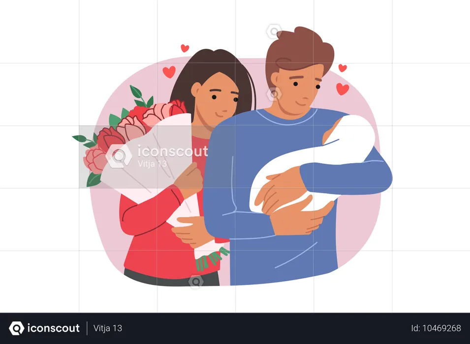 Parents hold newborn baby and bouquet of flowers given to mother on day of discharge from hospital  Illustration