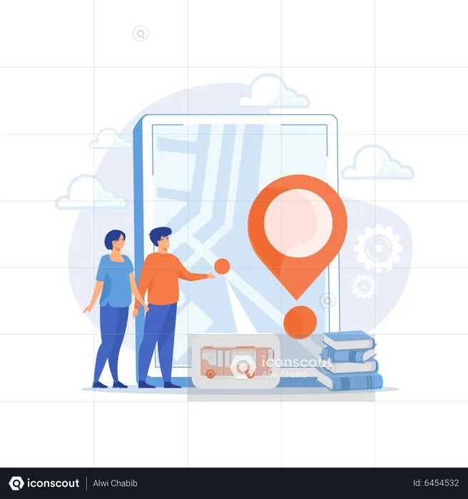 Parents looking at school bus location pin and map on tablet. Child tracking system, school bus route, child safety, security concious parents concept, flat vector modern illustration  Illustration