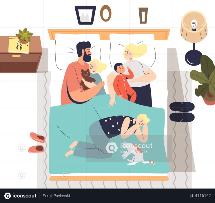 Parents sleeping with kids on bed  Illustration