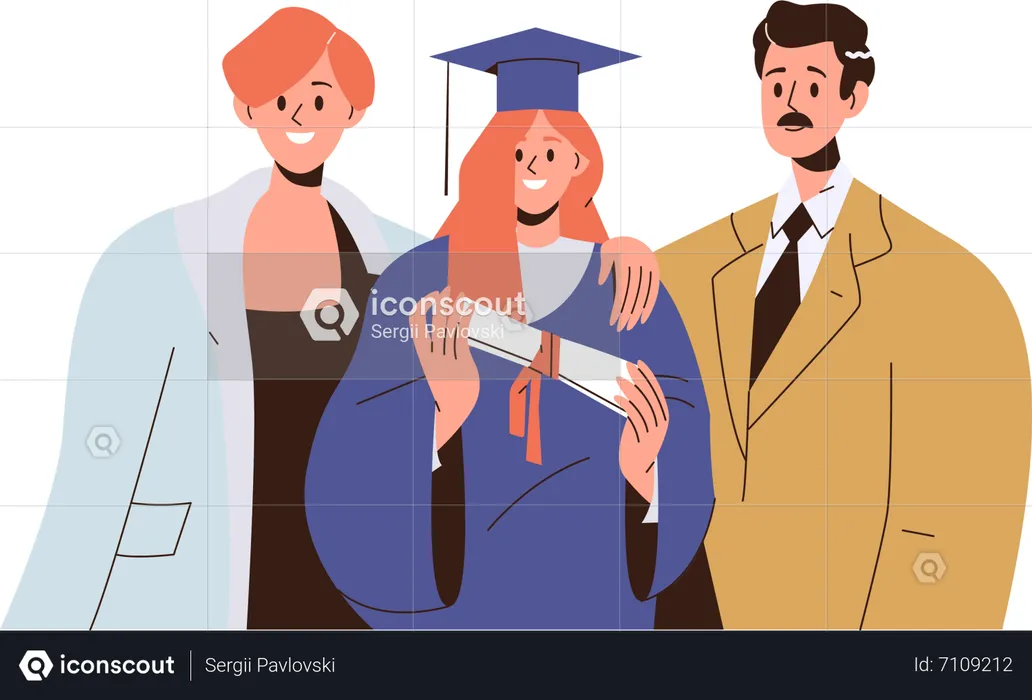 Parents standing and proud of young daughter holding diploma on graduation day  Illustration