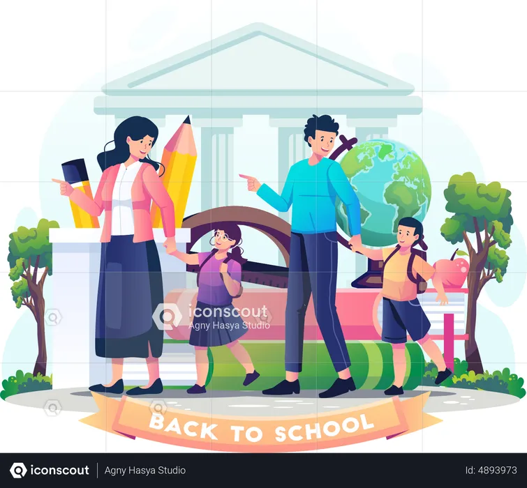 Parents take their children to school  Illustration